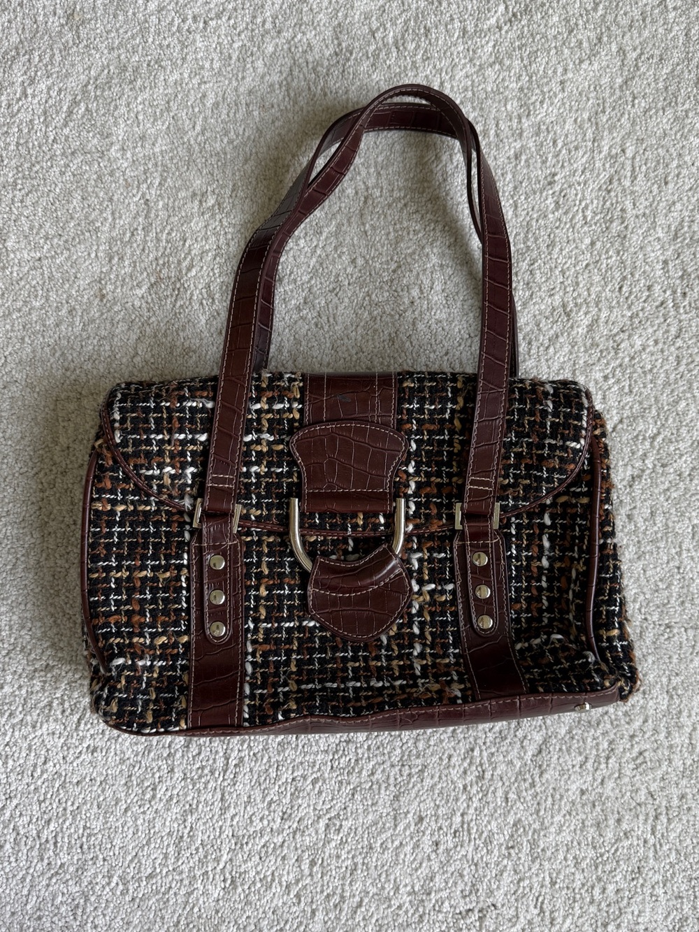 Brown Tweed Shoulder Bag with Croc-Accent Trim